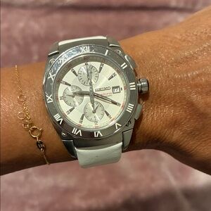 Seiko Silver and White Chronograph Watch